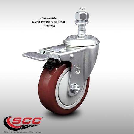 Service Caster 4 Inch SS Maroon Polyurethane 1/2 Inch Threaded Stem Caster with Total Lock Brake SCC-SSTSTTL20S414-PPUB-MRN-121315